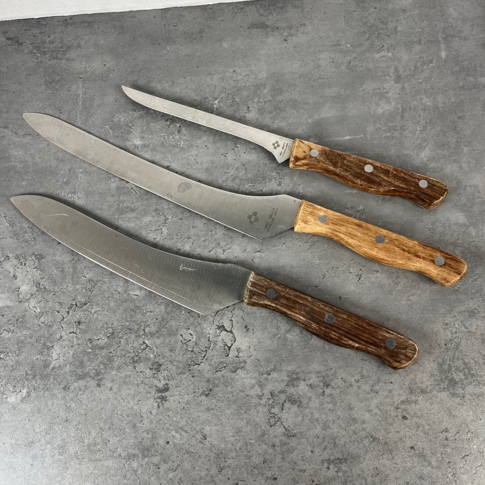 Vintage Japanese 400C Gold 3 Stainless Steel Knife Set 3pc Wood Handle Japan